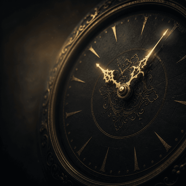 An ornate dark clock face with gold hands and filigree details, glowing faintly
