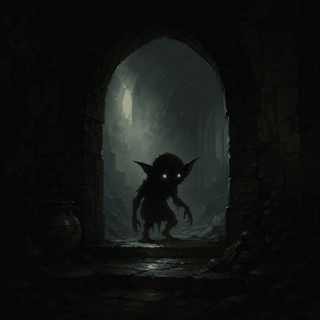A shadowy goblin silhouette with glowing amber eyes, standing in a dark stone archway