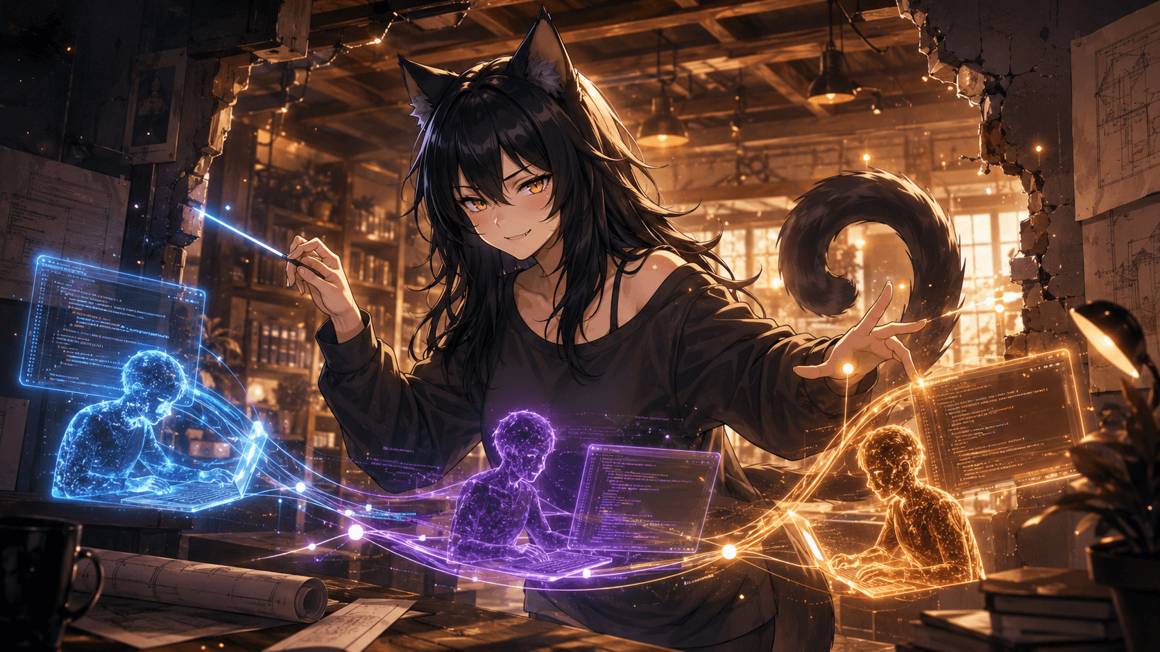 Evernever conducting three luminous AI collaborators around a workshop table, connected by blue, violet, and amber streams of light