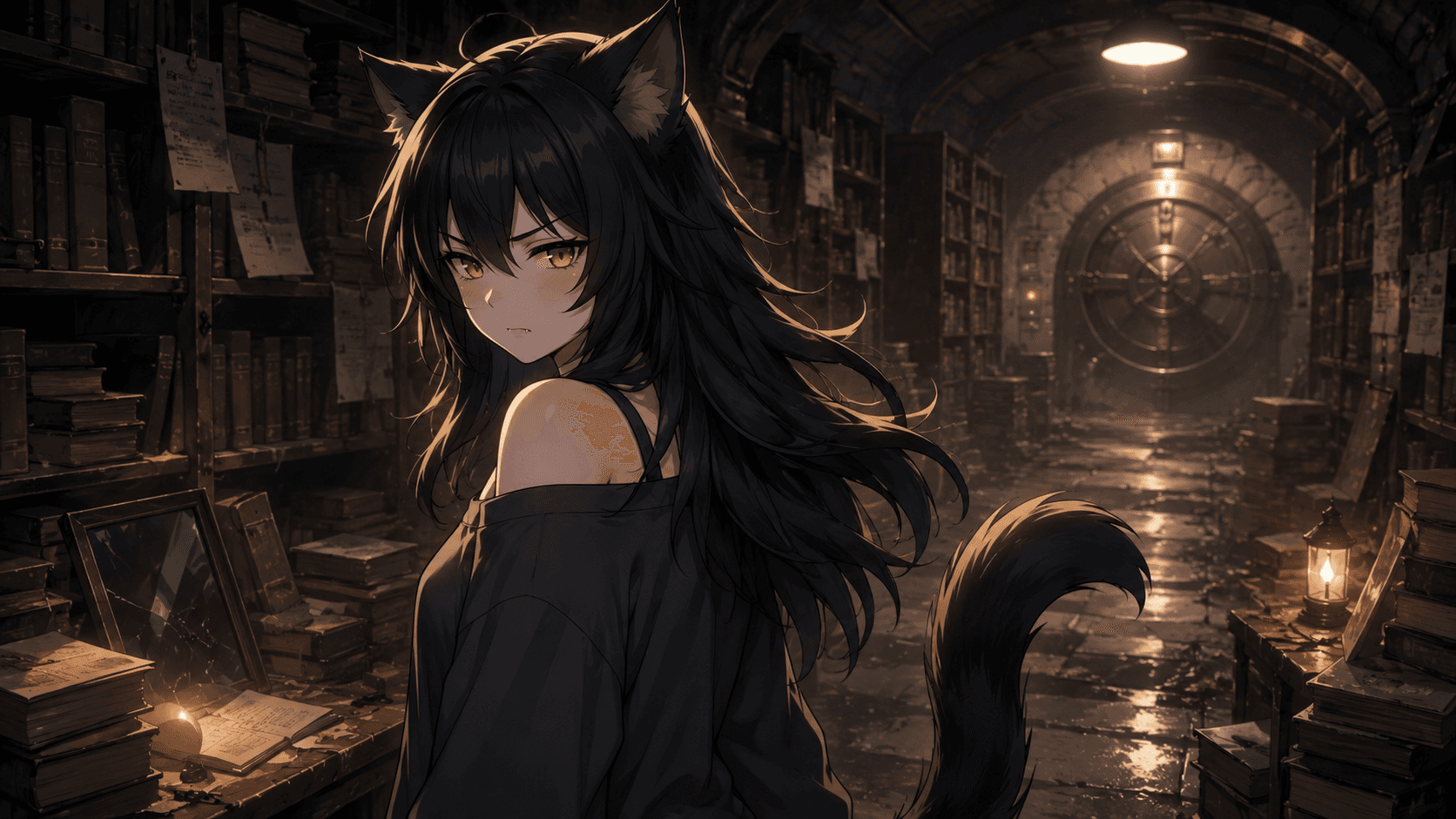 Evernever glancing back over her shoulder while walking away down a lantern-lit bunker corridor toward a massive sealed vault door